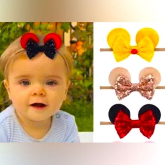 Baby Minnie Mouse Ears Headband with Black Sequins Bow - Picture 3 of 6